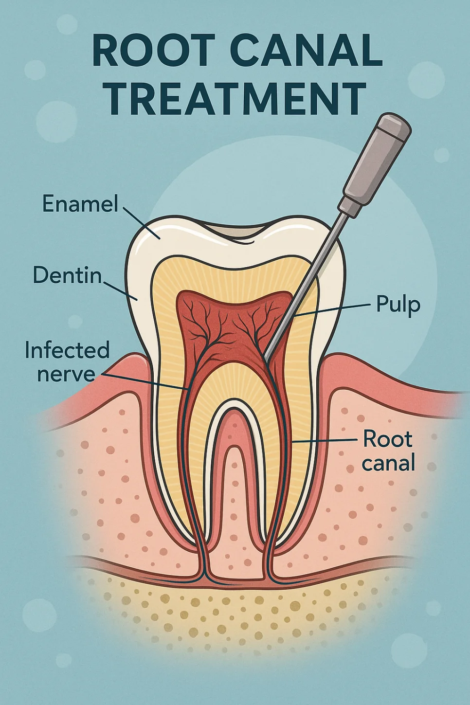 치아 단면 해부학 일러스트 - 법랑질/상아질/치수/근관 구조