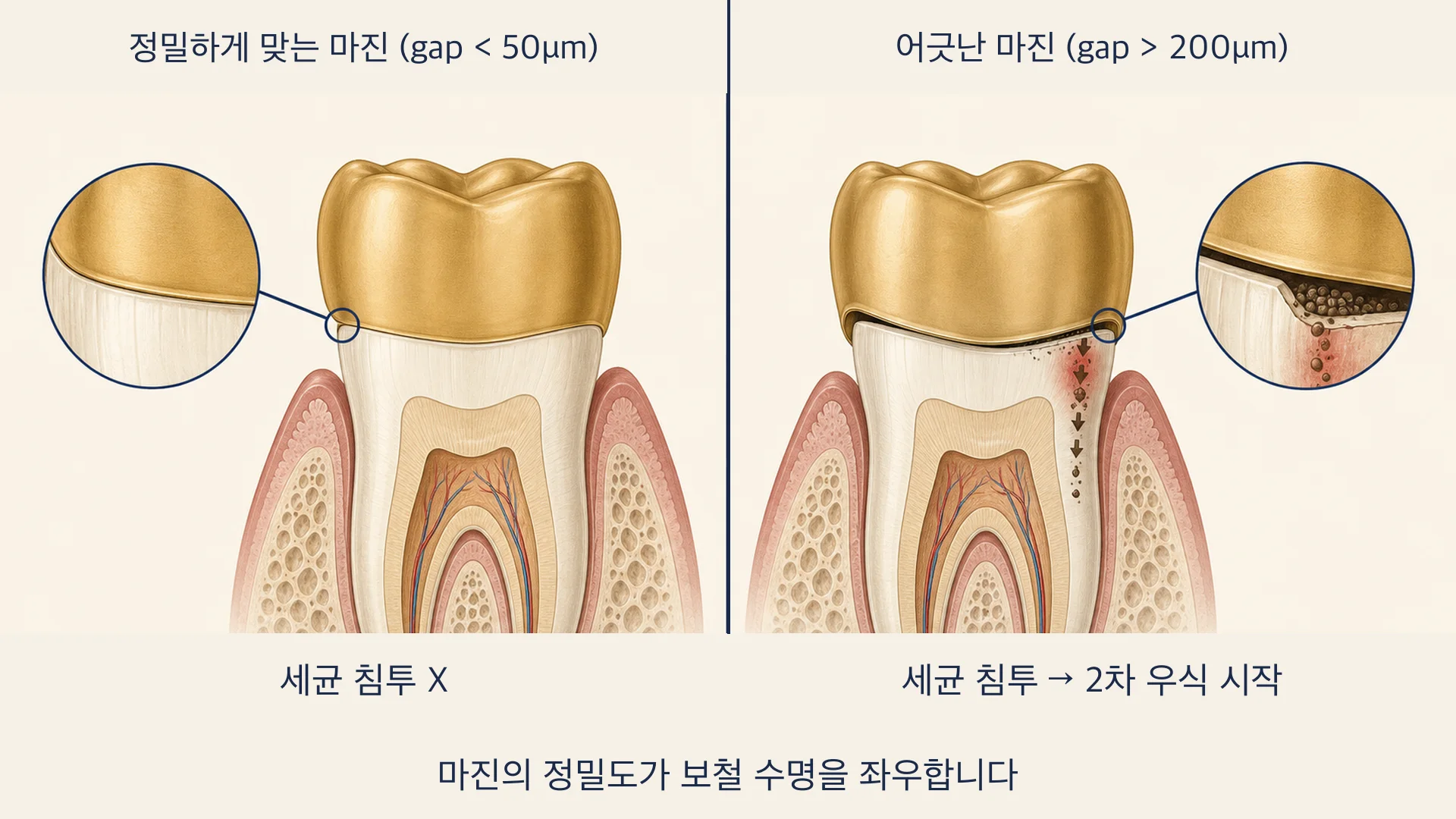 크라운 마진 정밀도가 보철 수명에 영향을 주는 구조를 설명한 그림
