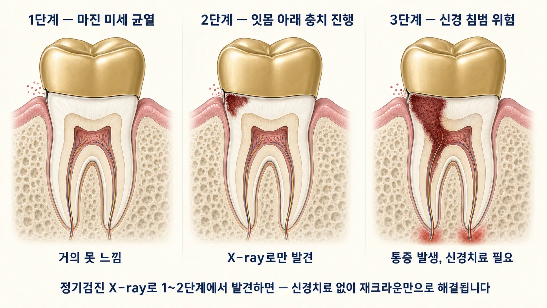 크라운 아래 2차 우식이 진행되는 과정을 3단계로 설명한 그림